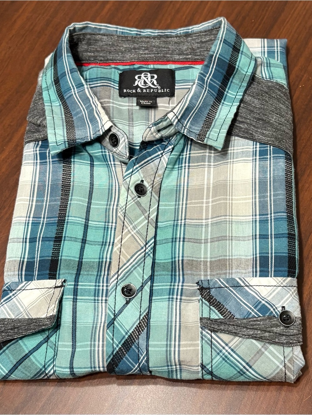 Rock & Republic Teal and Blue Plaid Casual Button-Down Shirt